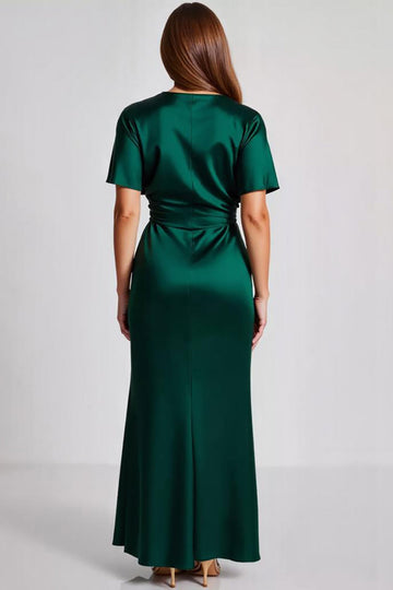 Dark Green Satin Short Sleeves V Neck A Line Long Formal Dress